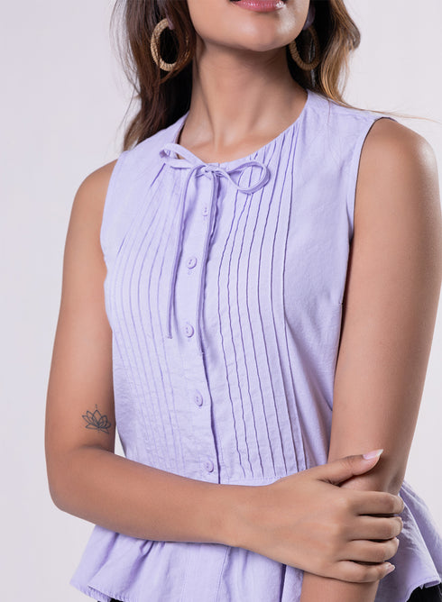 Sleeveless Pintuck Peplum Top-Lavendar